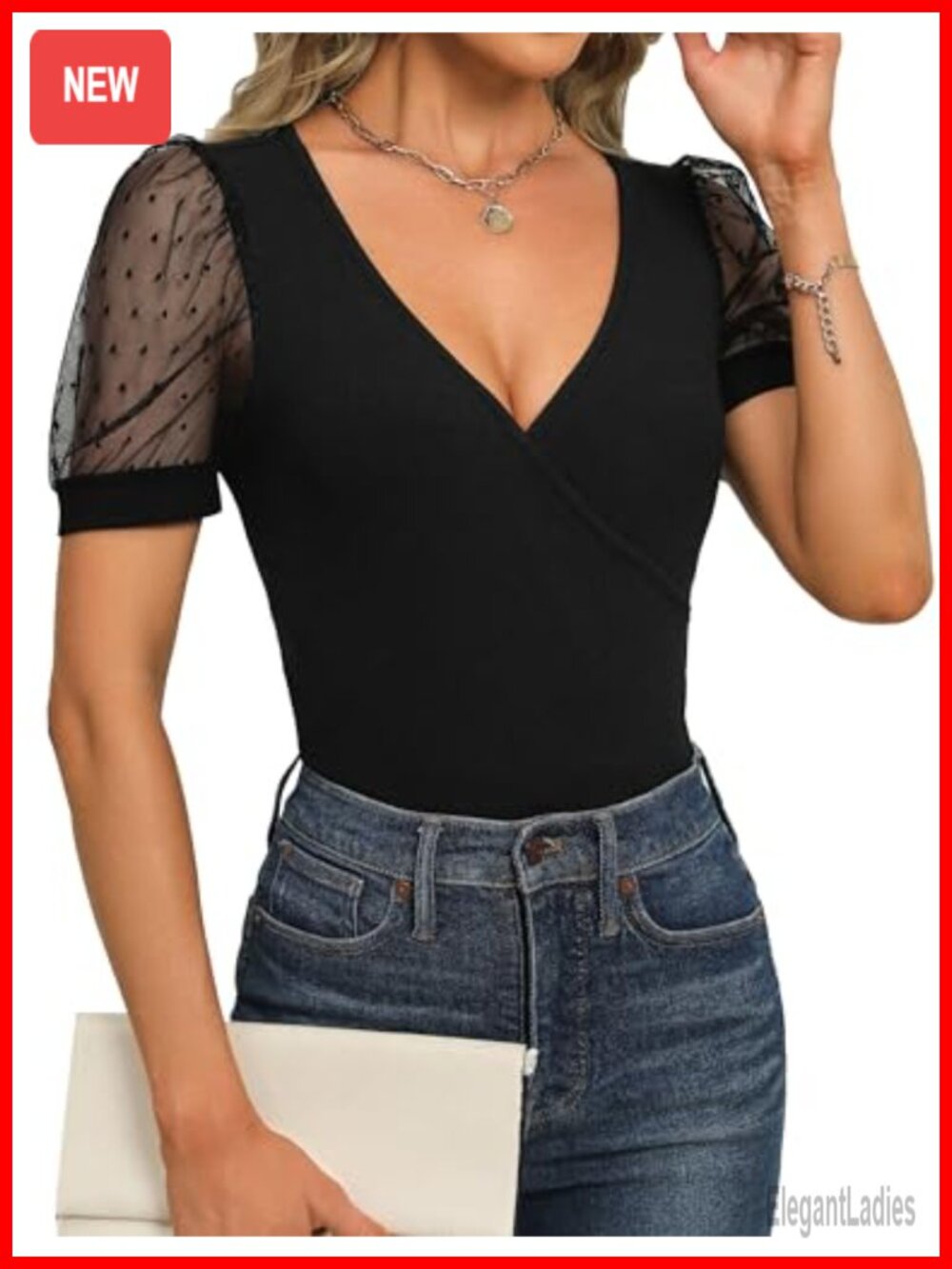 Fayenne Women's Deep V Neck Cross Wrap Mesh Short Sleeve Blouse